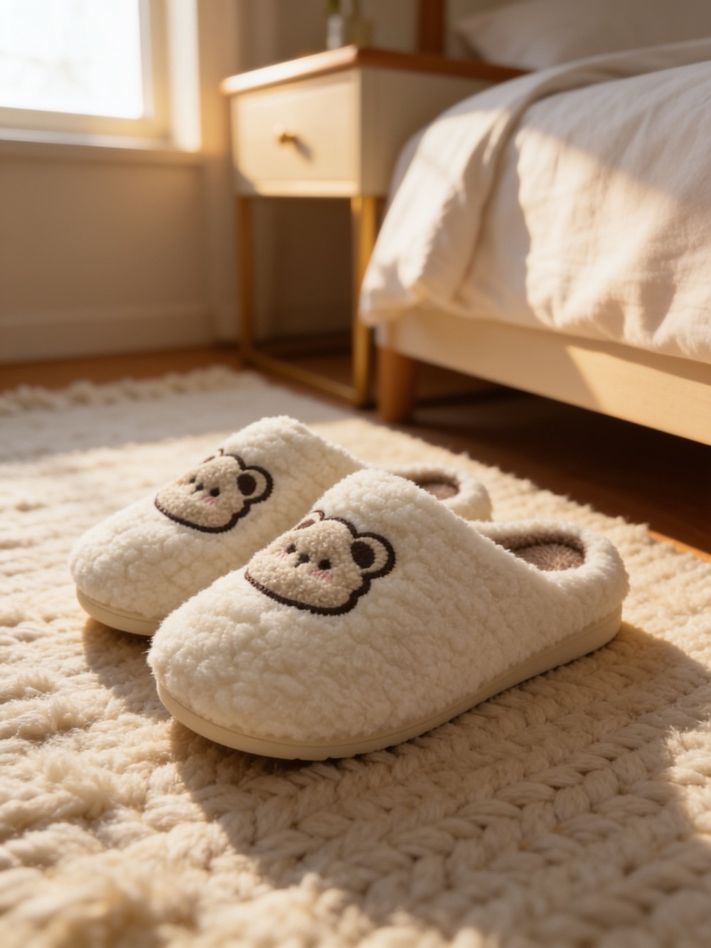 Plush Bear Slippers Cozy Sherpa Fuzzy House Shoes Cream Size 7.5-8